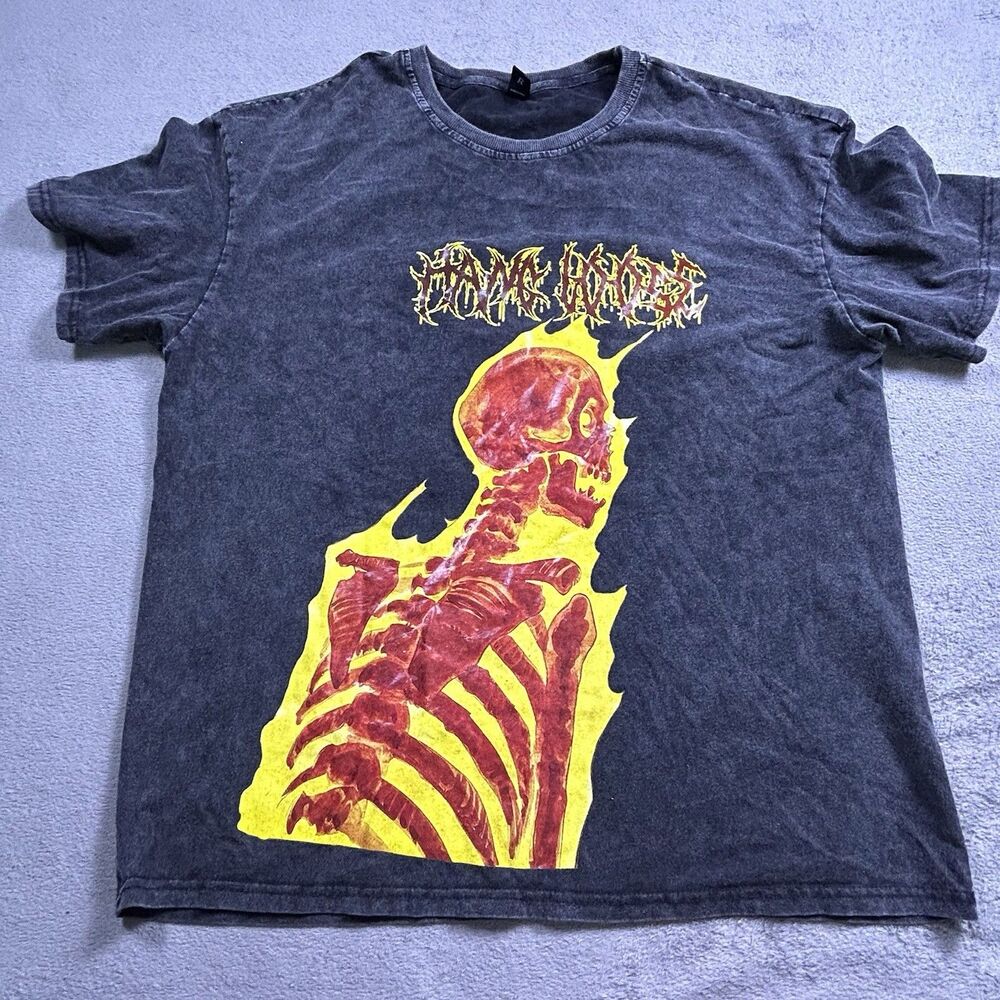 ROMWE T-Shirt Mens XXL Black Acid Wash Flaming Skeleton Graphic
